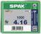 Wkręty SPAX 4x16 mm, 1000 sztuk, napęd T20. Wyprodukowane w Niemczech. Opakowanie z kodem kreskowym i informacjami o produkcie.
