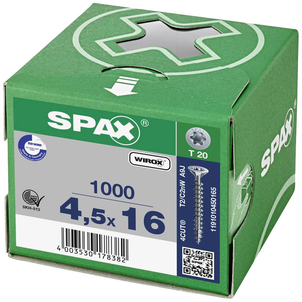 Pudełko z 1000 wkrętów SPAX, rozmiar 4,5x16 mm. Zawiera informacje o marce, numerze produktu i certyfikatach.