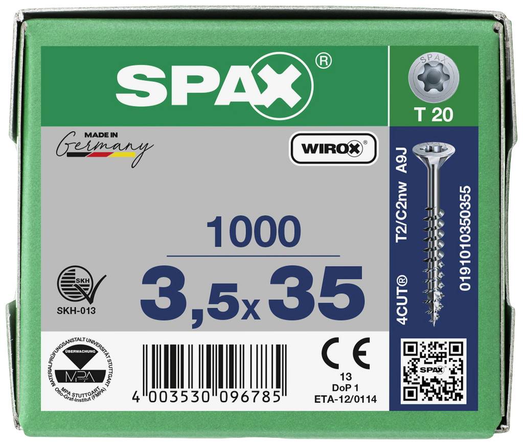 Opakowanie z 1000 wkrętów SPAX, rozmiar 3,5 x 35 mm, T20, z powłoką Wirox, Wyprodukowane w Niemczech. Zawiera kod QR i symbole certyfikacji.