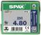 Zielony pakiet śrub SPAX, rozmiar '4x80', 200 sztuk, 'Wyprodukowane w Niemczech', z widocznym kodem QR i szczegółami produktu.