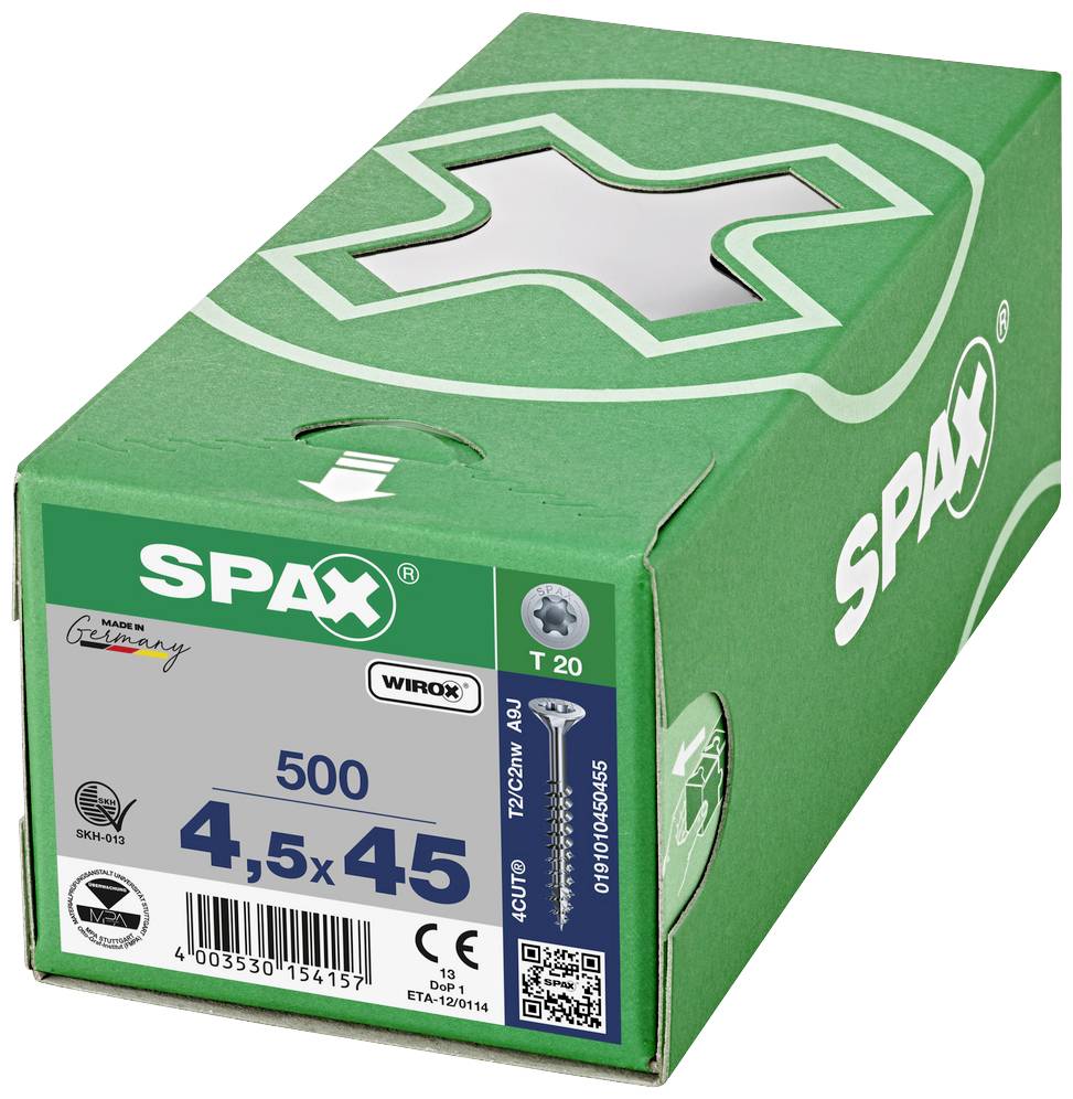 Zielona opakowanie z napisem 'SPAX', zawiera 500 wkrętów o rozmiarze 4,5x45 mm. Na przedniej stronie ilustracja wkręta i kod QR.