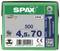 Opakowanie wkręta SPAX T20, rozmiar 4,5 x 70 mm, 500 sztuk. Zawiera znak kontrolny i kod kreskowy. Wyprodukowano w Niemczech.