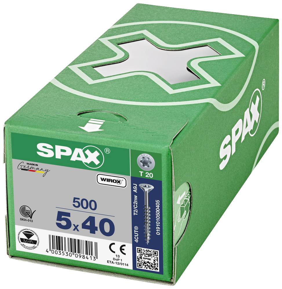 Zielona opakowanie z napisem 'SPAX'. Zawiera 500 wkrętów, rozmiar 5x40 mm. Wyprodukowane w Niemczech.