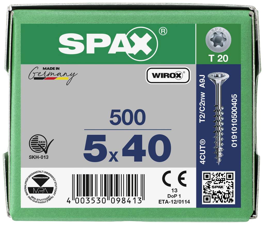 'Zielona skrzynka wkrętów SPAX z 500 sztuk, rozmiar 5x40 mm. Wyprodukowane w Niemczech z powłoką WiRoX. Widoczny kod EAN i kod QR.'