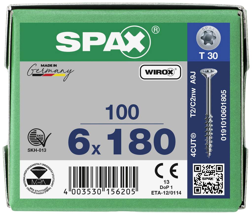 Opakowanie wkrętów Spax, rozmiar 6x180 mm, 100 sztuk, z powłoką Wirox. Na opakowaniu widnieje napis 'Made in Germany'.