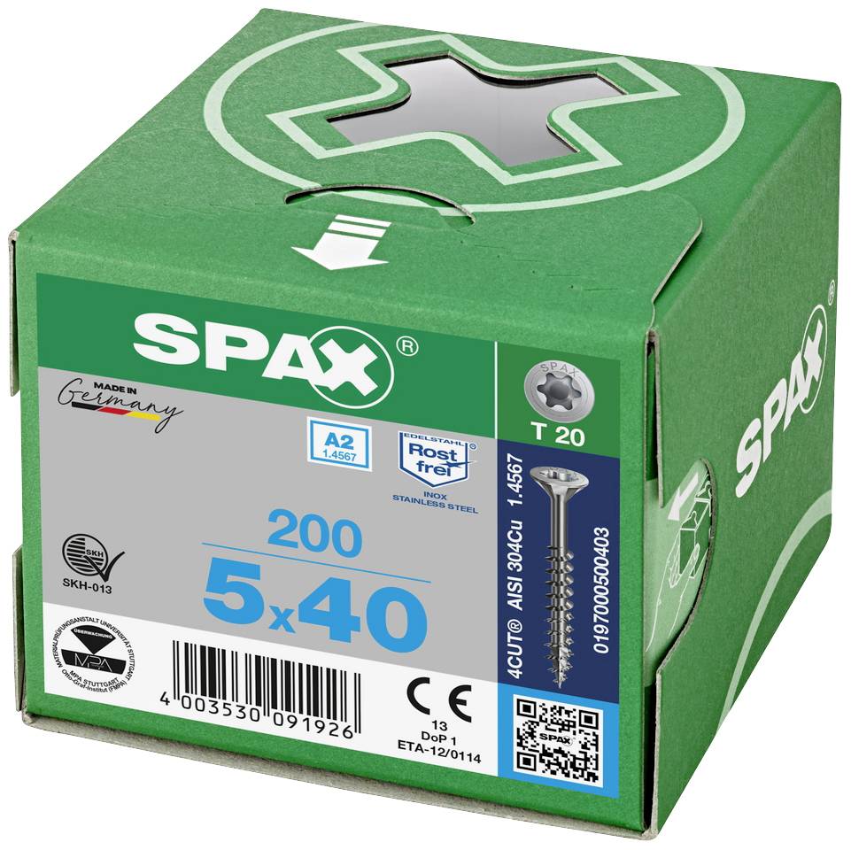 Karton z 200 wkrętami SPAX, rozmiar 5x40 mm. Nadruki: Made in Germany, nierdzewne, typ 14567, Torx T 20.