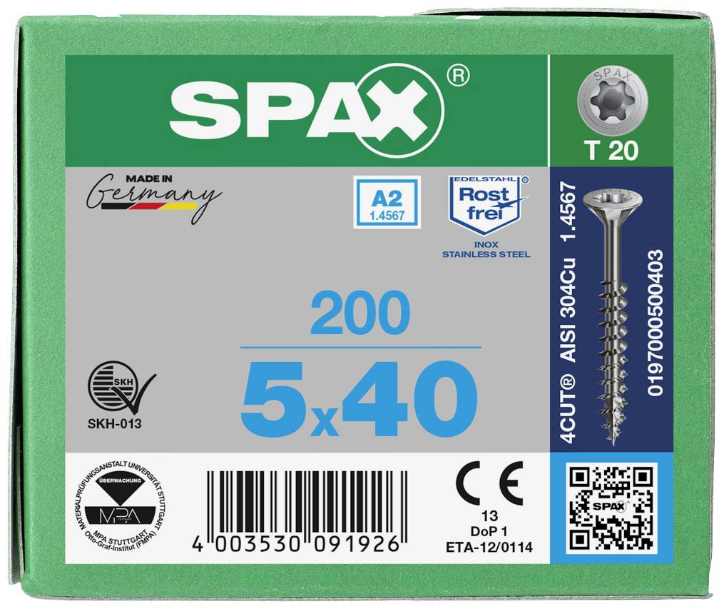 Zielony karton z napisem 'SPAX', zawierający 200 śrub ze stali nierdzewnej 5x40 mm. Wyprodukowane w Niemczech, odporne na korozję, z kodem QR.