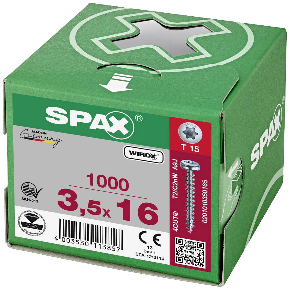 Zielona opakowanie z 1000 wkrętów o rozmiarze 3,5x16 mm firmy SPAX. Zawiera tekst: 'Made in Germany', '4CUT', 'WIROX' oraz piktogramy.