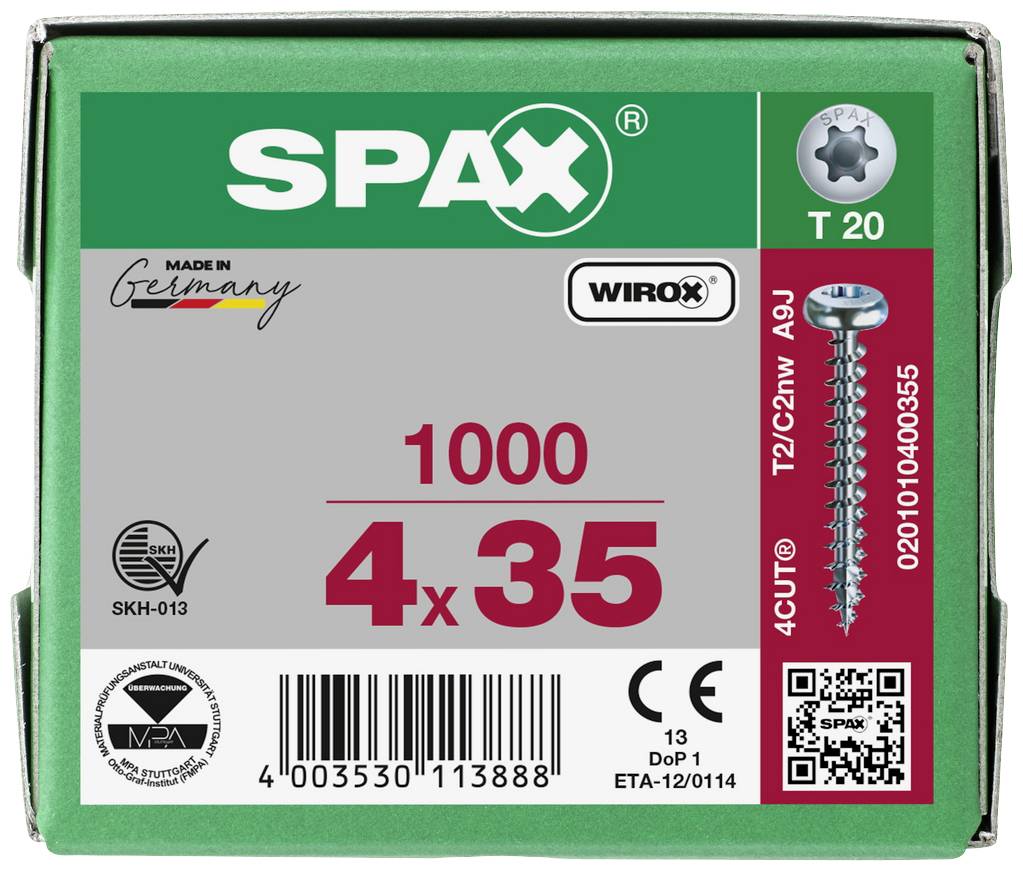 Zielona opakowanie z 1000 śrub SPAX, rozmiar 4x35 mm. Przedstawia niemiecką flagę, kod QR i specyfikacje techniczne śrub.