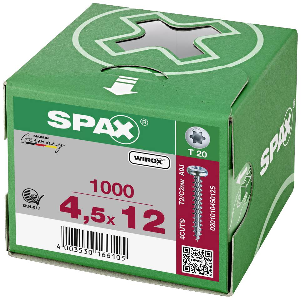 'Karton z 1000 wkrętów SPAX, rozmiar 4,5x12 mm, Wyprodukowane w Niemczech. Zawiera logo Wirox oraz ilustrację wkręta.'