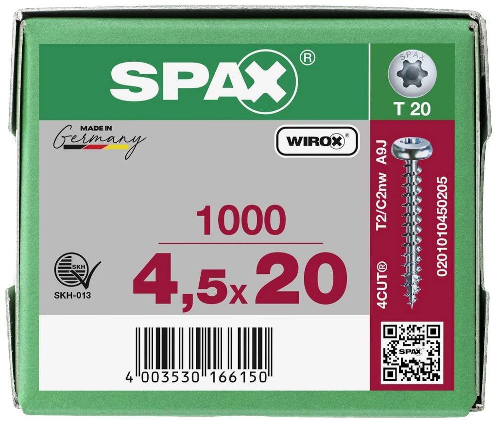 Opakowanie z 1000 wkrętów SPAX, rozmiar 4,5x20 mm. Zawiera logotypy 'MADE IN Germany', 'WIROX', 'T20', kod QR, informacje o produkcie.