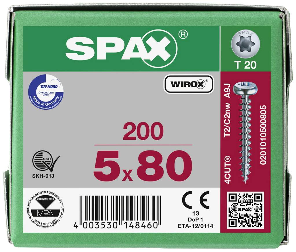 Pudełko z 200 wkrętami SPAX, rozmiar 5x80 mm, T 20, z powłoką Wirox. Zawiera kod kreskowy i certyfikaty jakości.