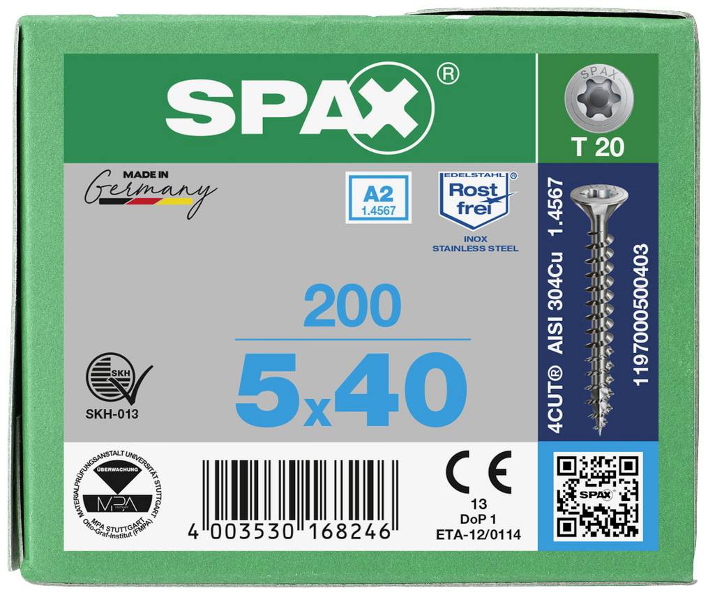 Zielony prostokąt przedstawia opakowanie wkrętów SPAX, rozmiar 5x40 mm, 200 sztuk. Zawiera wykonane ze stali nierdzewnej wkręty.