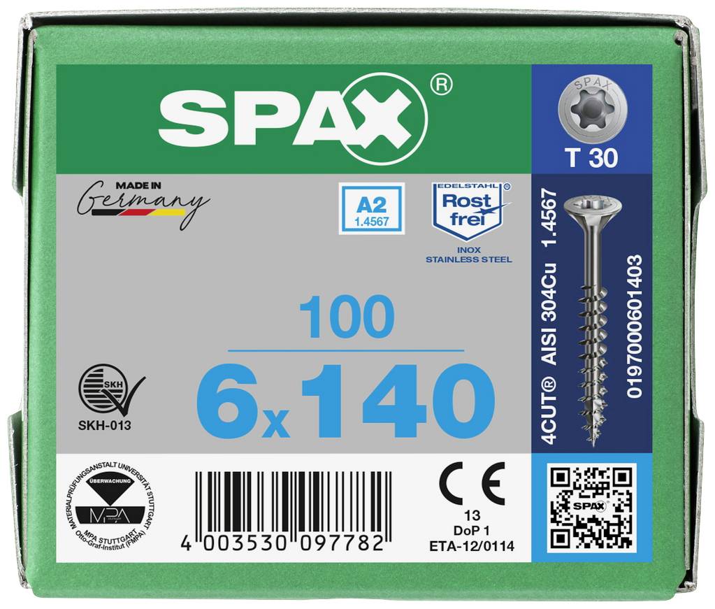 Pudełko z 100 śrubami ze stali nierdzewnej, rozmiar 6x140, Torx T30, odporne na korozję, SKH-013, stal nierdzewna A2, wyprodukowane w Niemczech.