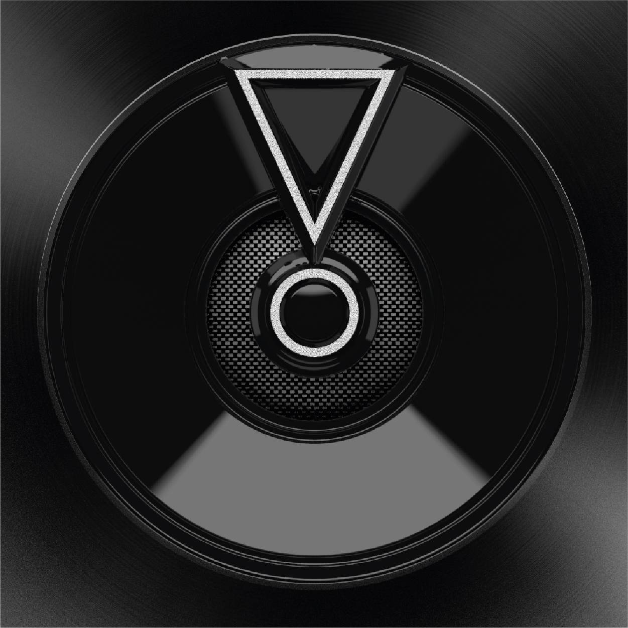 Okrągła metalowa konstrukcja z centralnym pierścieniem i trójkątem skierowanym w dół. Nowoczesny, techniczny wygląd.