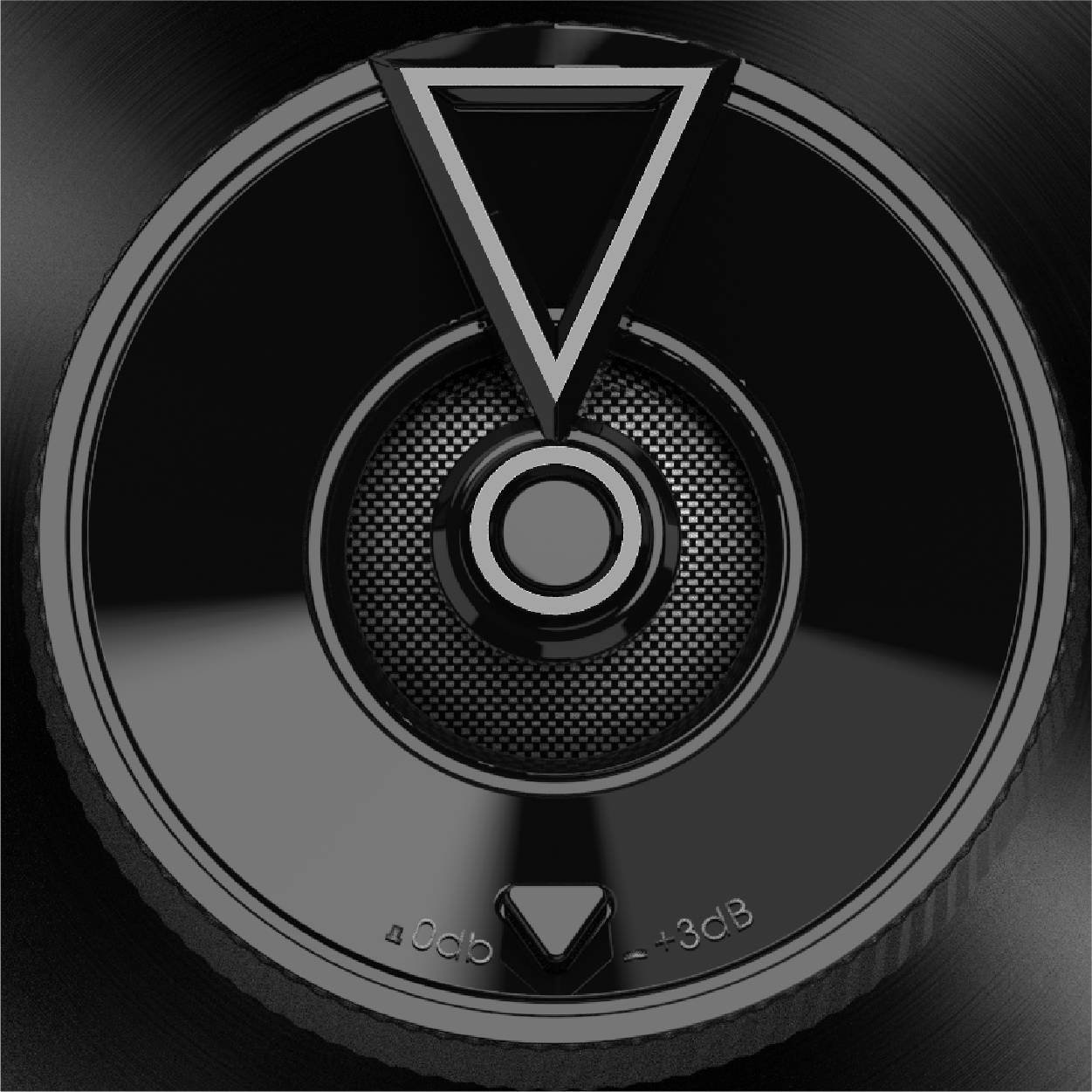 Czarny regulator głośności z trójkątnym oznaczeniem, wyświetlany na skali od -∞ dB do +3 dB.