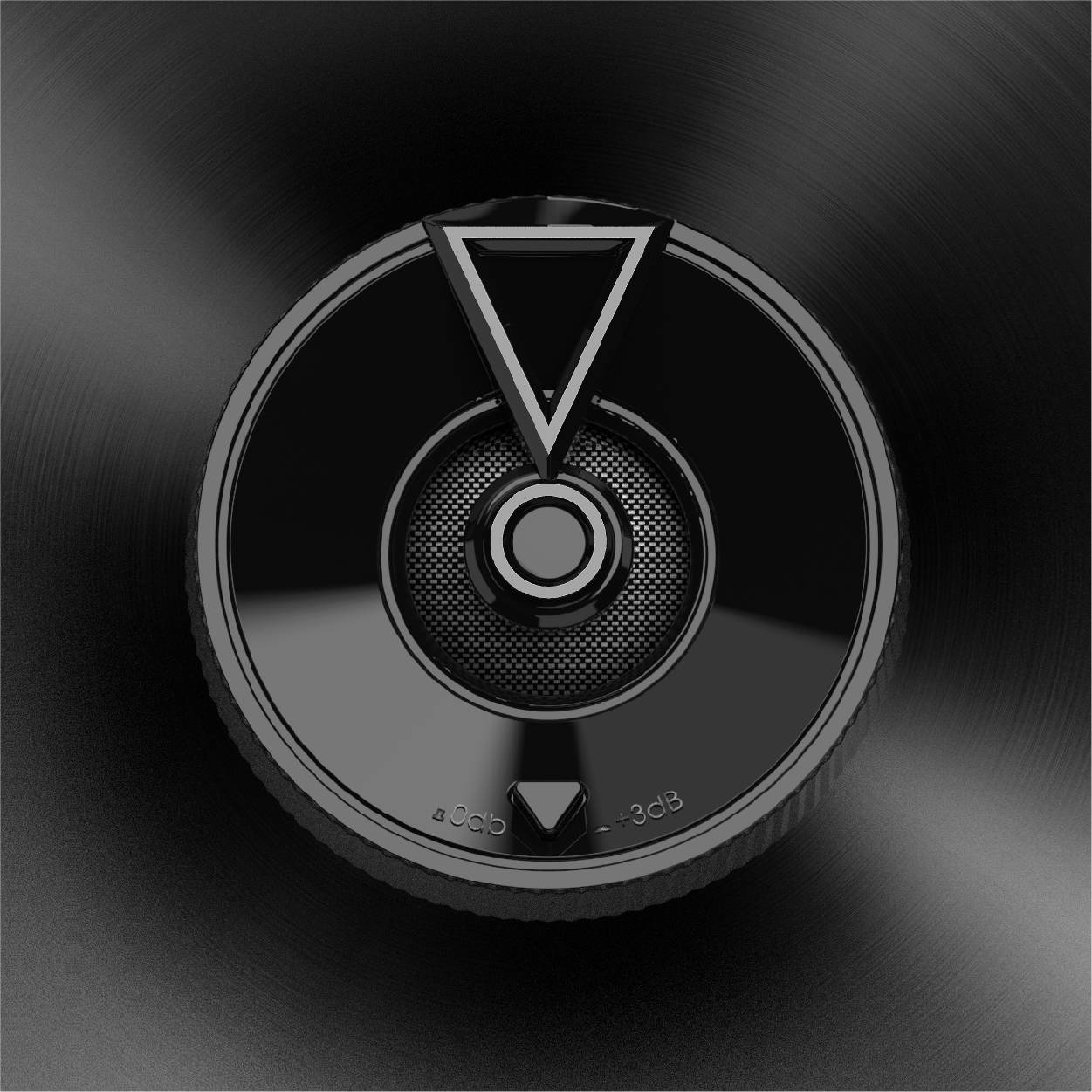 Czarny regulator głośności z trójkątnym symbolem na górze. Pokrętło wskazuje "-3 dB" i "+3 dB" na błyszczącej powierzchni.