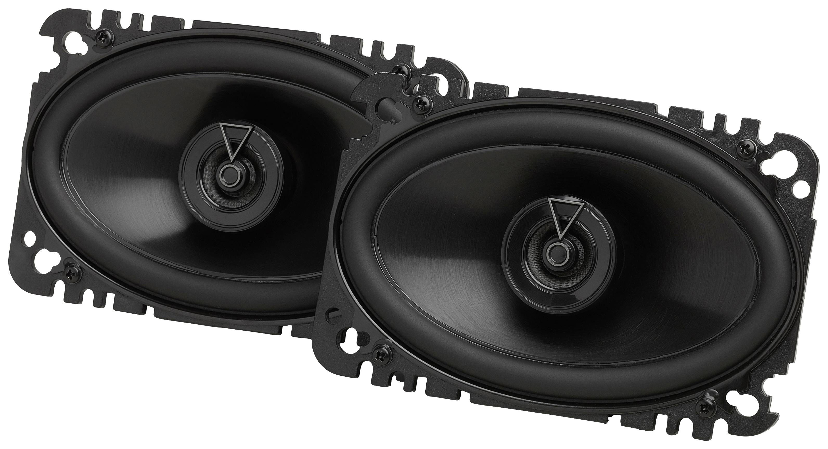 Dwa czarne owalne głośniki ustawione obok siebie, z widocznymi głośnikami średniotonowymi i kopułkami wysokotonowymi w centrum.