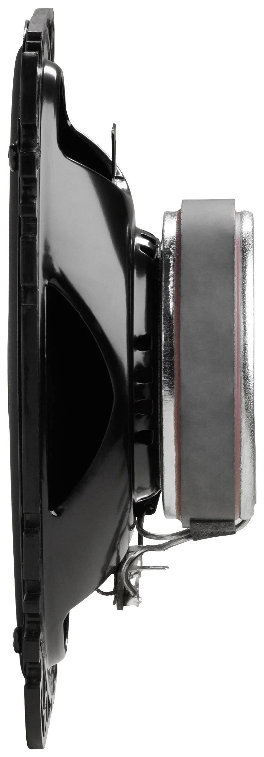 Widok z boku głośnika, ukazujący jego obudowę i membranę.