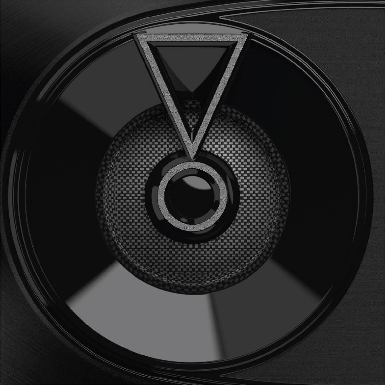 Czarny, nowoczesny system głośnikowy o wyróżniającej się formie i teksturze w centrum, otoczony okrągłymi detalami.