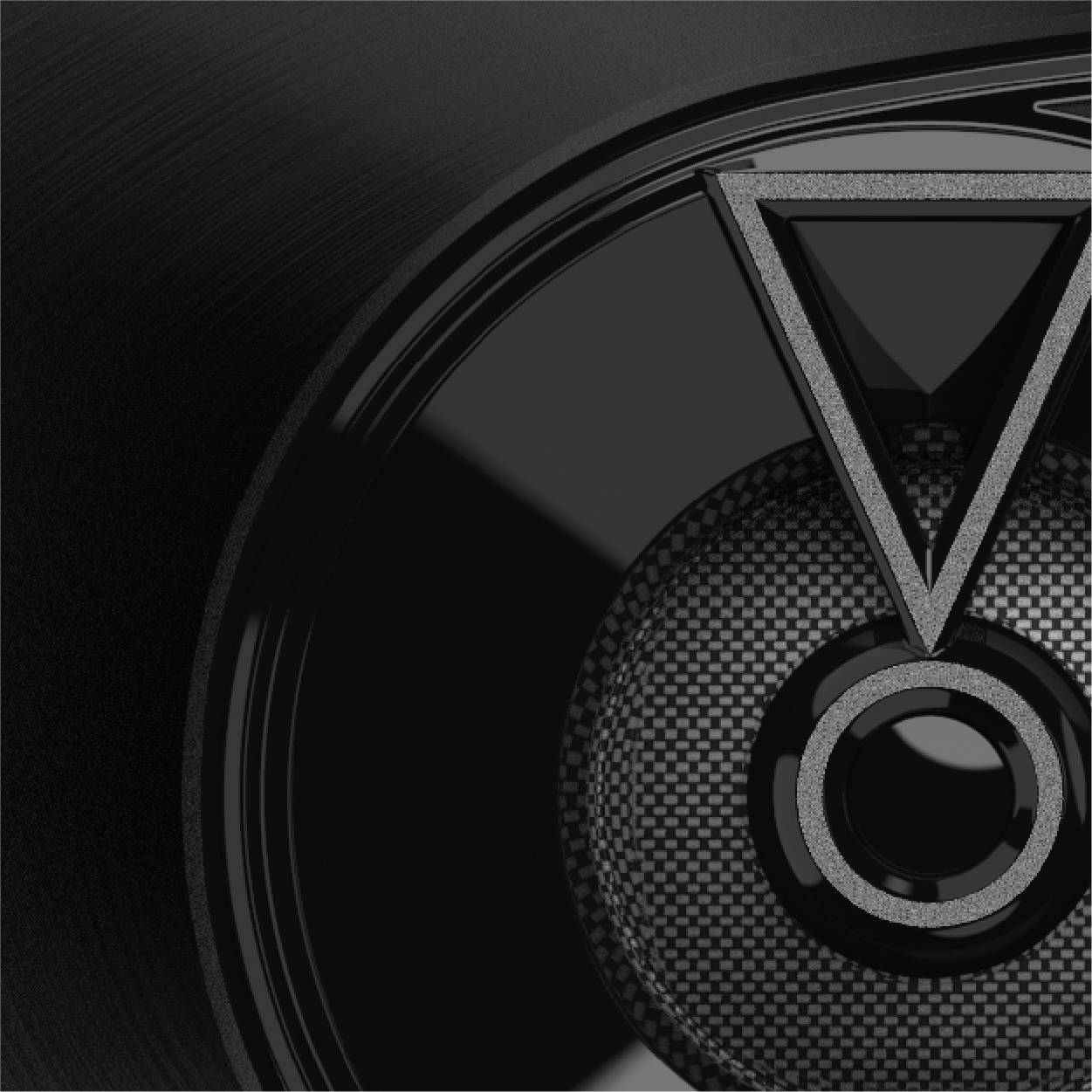 Abstrakcyjny, okrągły projekt z geometrycznymi kształtami i centralnym trójkątem, utrzymany w odcieniach czerni i szarości.