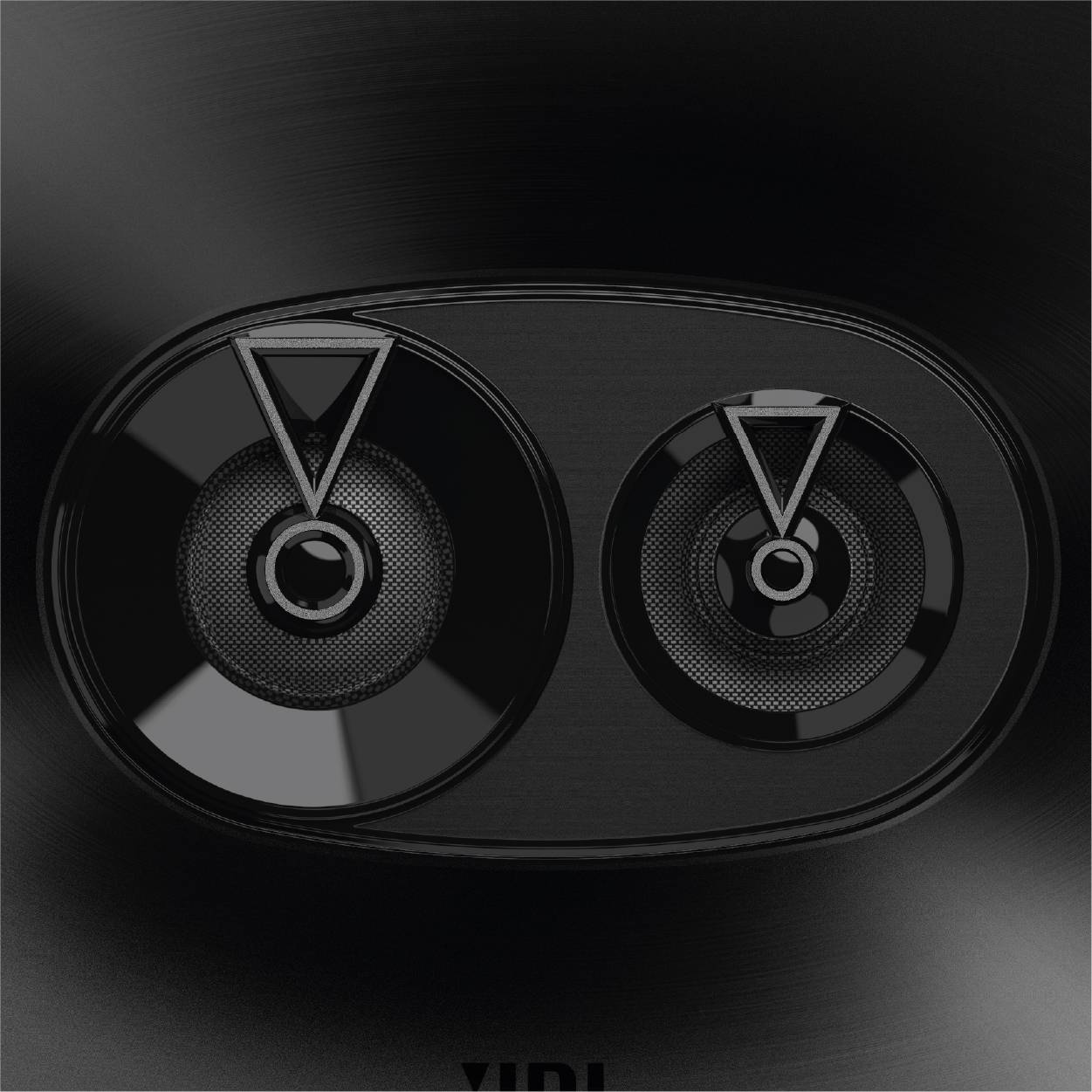 Czarna owalna płyta z dwoma okrągłymi, srebrnymi przyciskami sterującymi i strzałkami skierowanymi w dół. Nowoczesny element technologiczny.