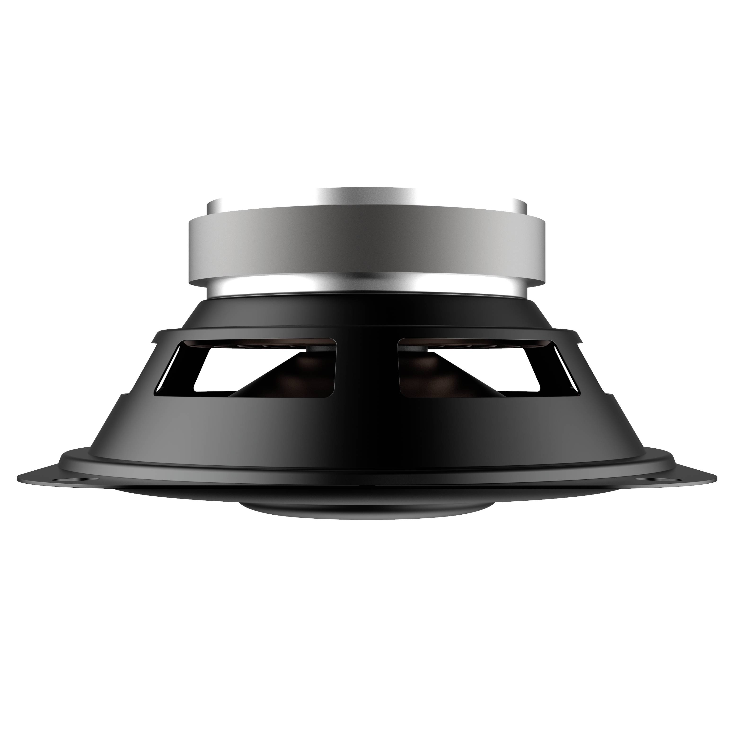 Głośnik widziany z boku z widocznym stożkiem i magnetem. Barwy czarno-srebrne.