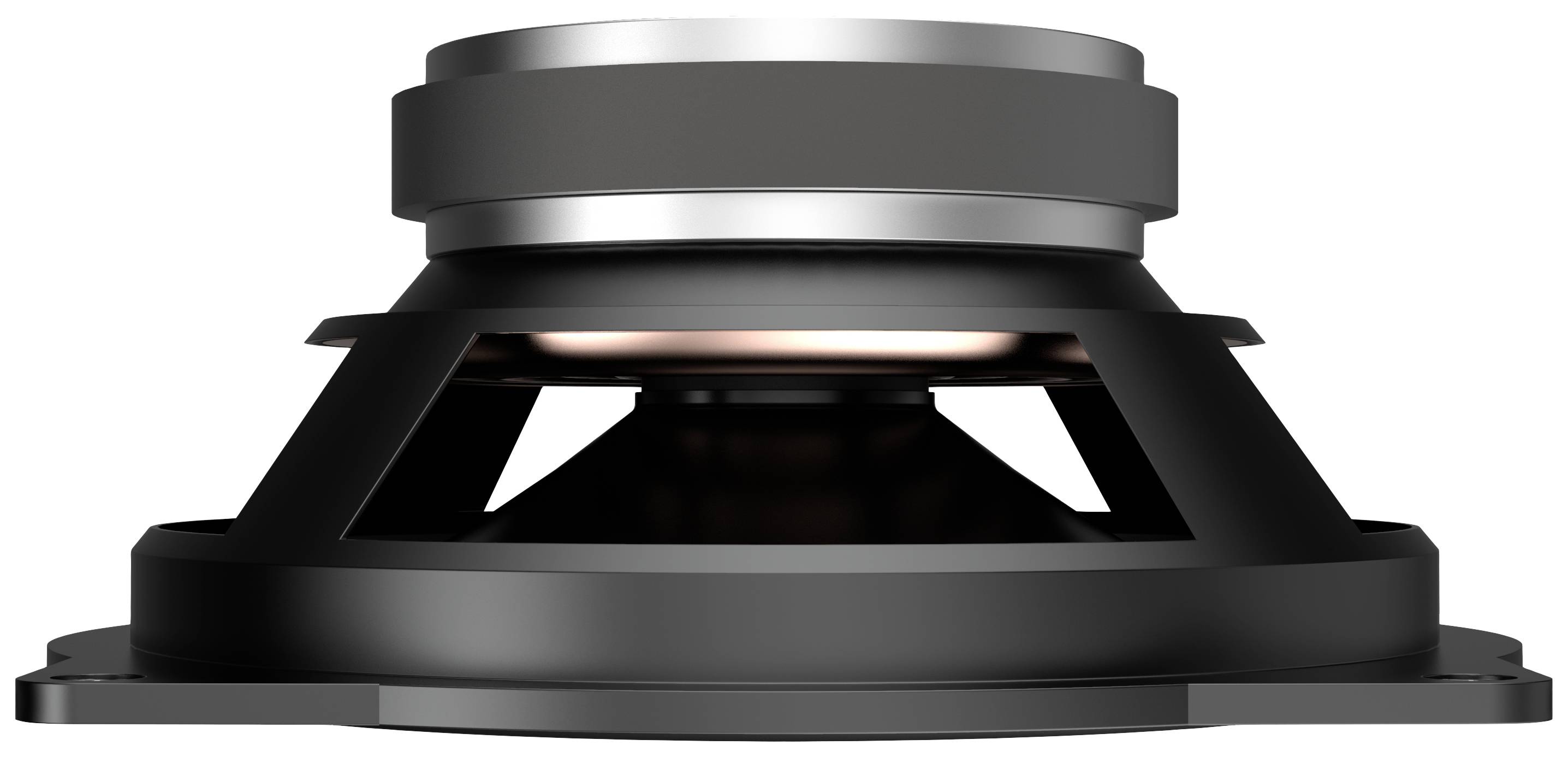 Głośnik widziany z boku, ukazujący obudowę i membranę.