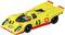Żółty samochodzik zabawkowy z numerem 43 i logo Shell po boku, w stylu samochodu wyścigowego.