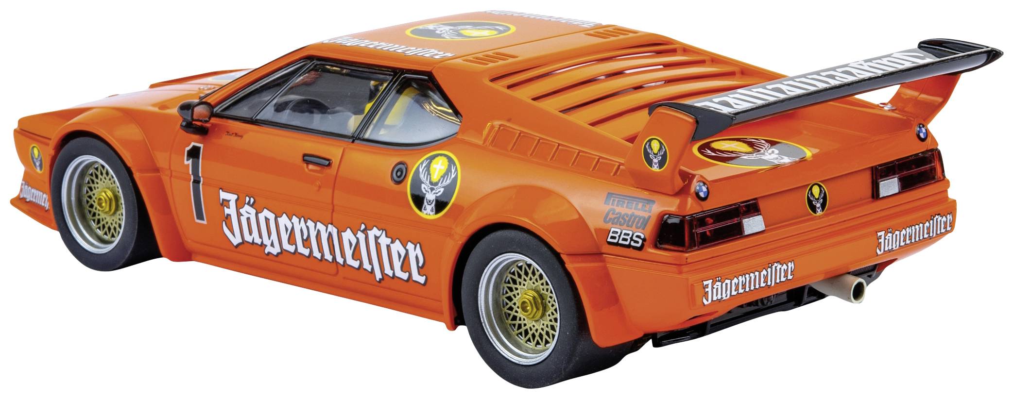 Pomarańczowy samochód wyścigowy z tylnym skrzydłem, logo Jägermeister i numerem startowym 1 na boku. Stylizowany na retro, z felgami BBS.