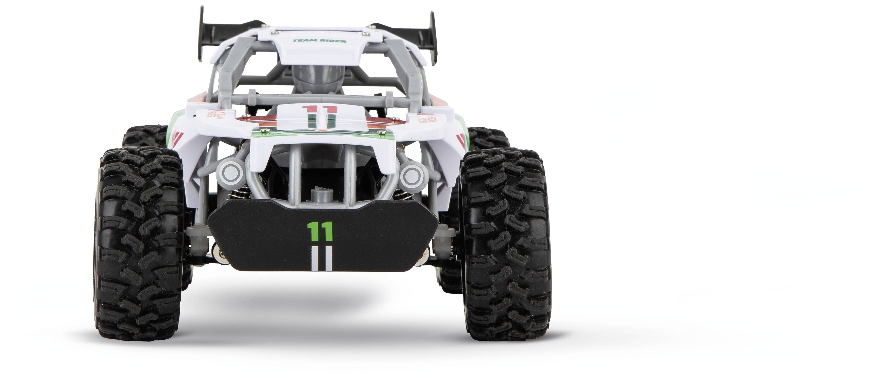 Białe zdalnie sterowane auto w stylu buggy z dużymi kołami i numerem 11 na przednim zderzaku, sfotografowane od przodu.