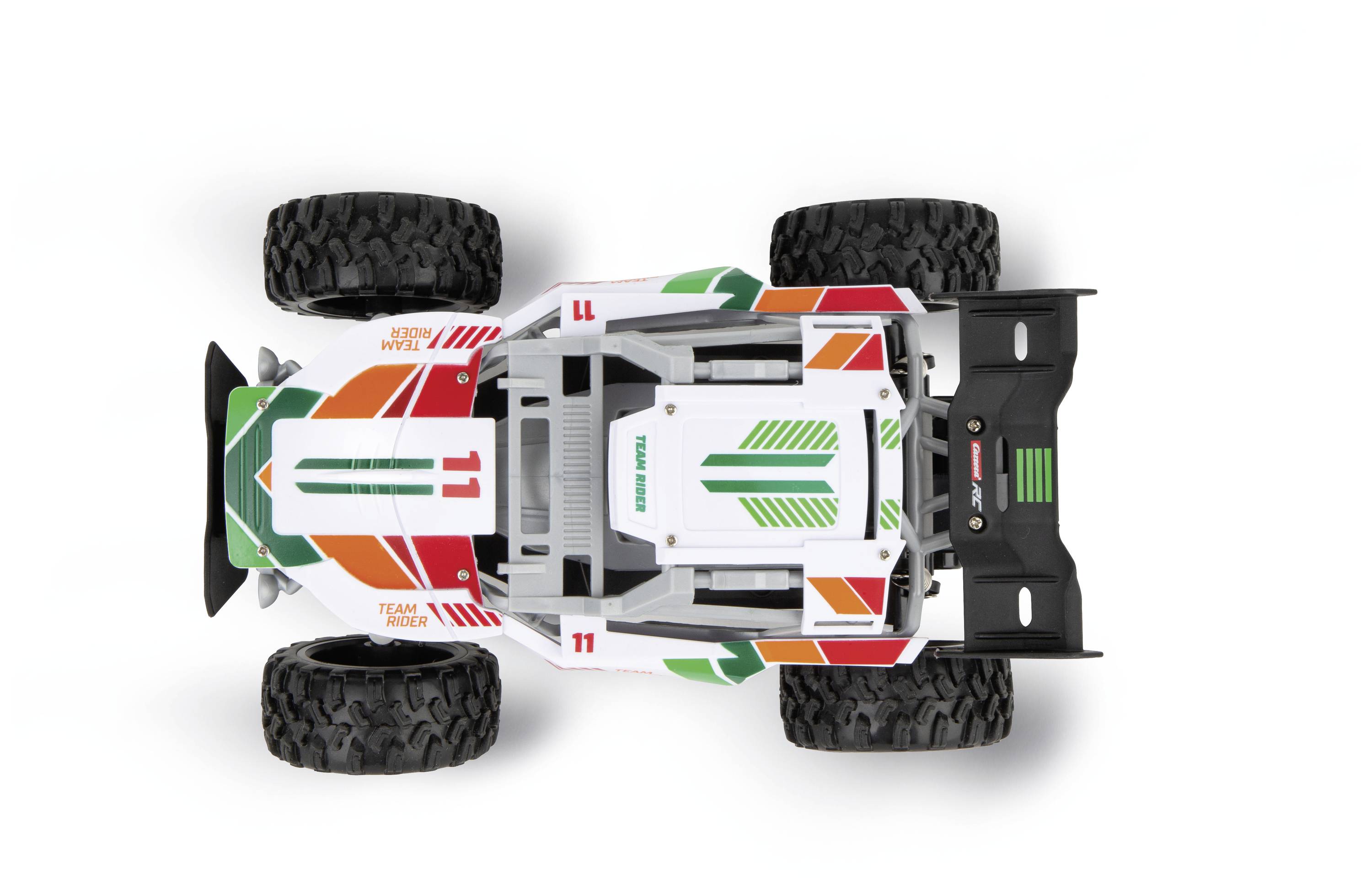 Zabawkowy samochód terenowy widziany z góry, w przeważająco białym kolorze z zielonymi i pomarańczowymi akcentami, z dużymi kołami.