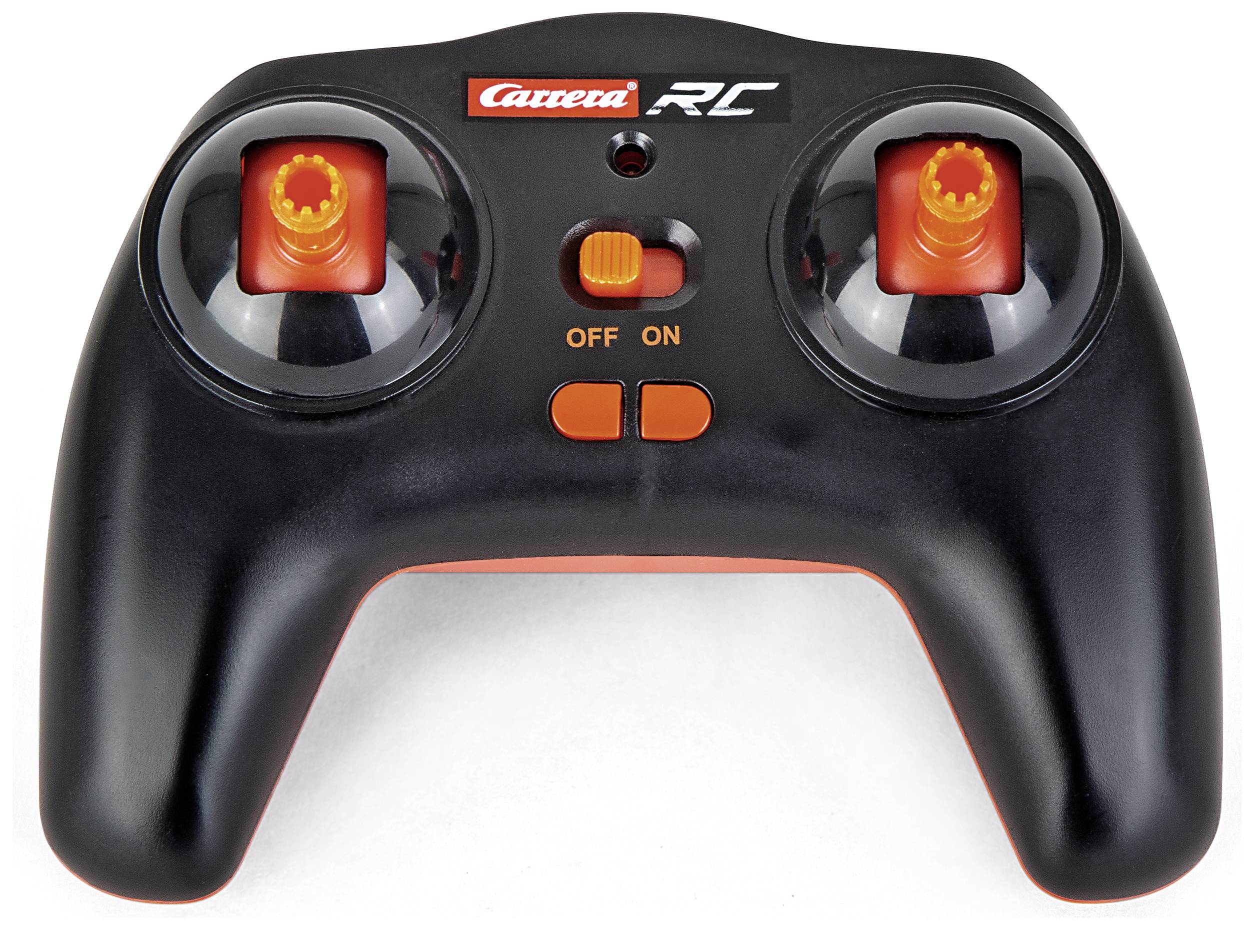 Sterowana zdalnie kontrola samochodu z dwoma joystickami, włącznikiem wł.-wył. i charakterystycznym czerwonym wzornictwem.
