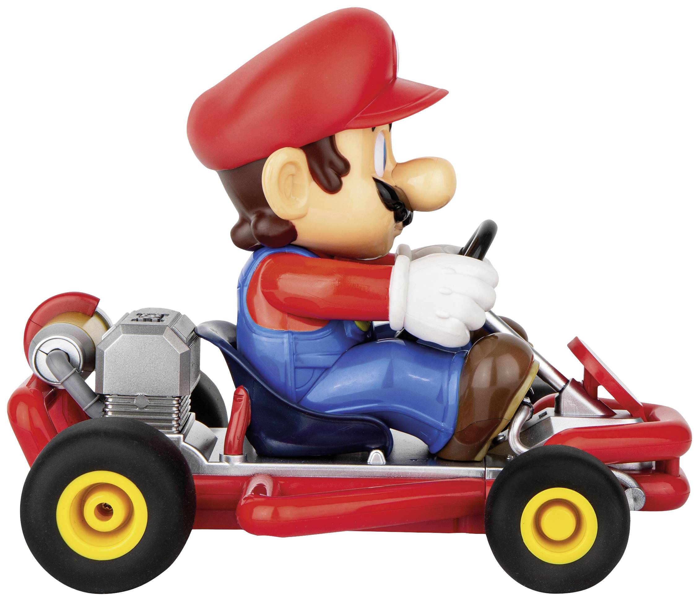 Figurka zabawkowa mężczyzny w czerwonej czapce i niebieskim kombinezonie jadącego w gokarta. Ujęcie z profilu, ze szczegółowym ukazaniem pojazdu.