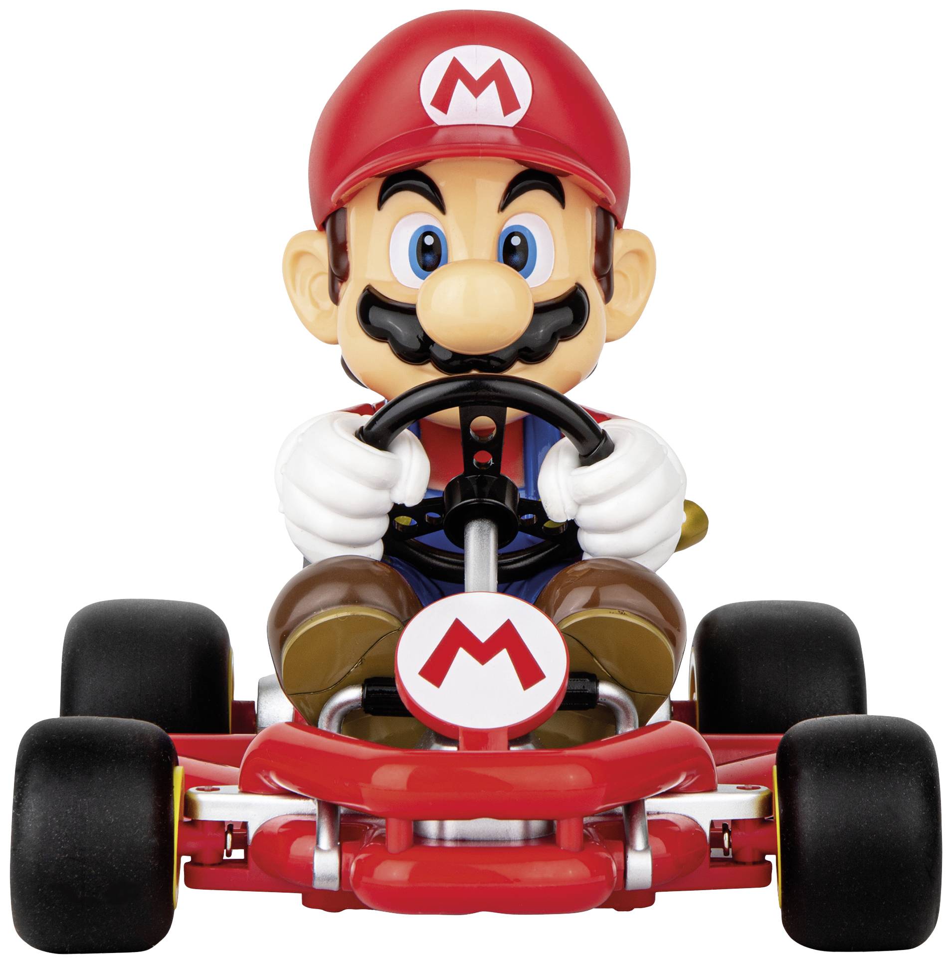 Postać w czerwonym kombinezonie i czerwonym kasku prowadzi czerwony gokart z logo 'M' na przedniej części.