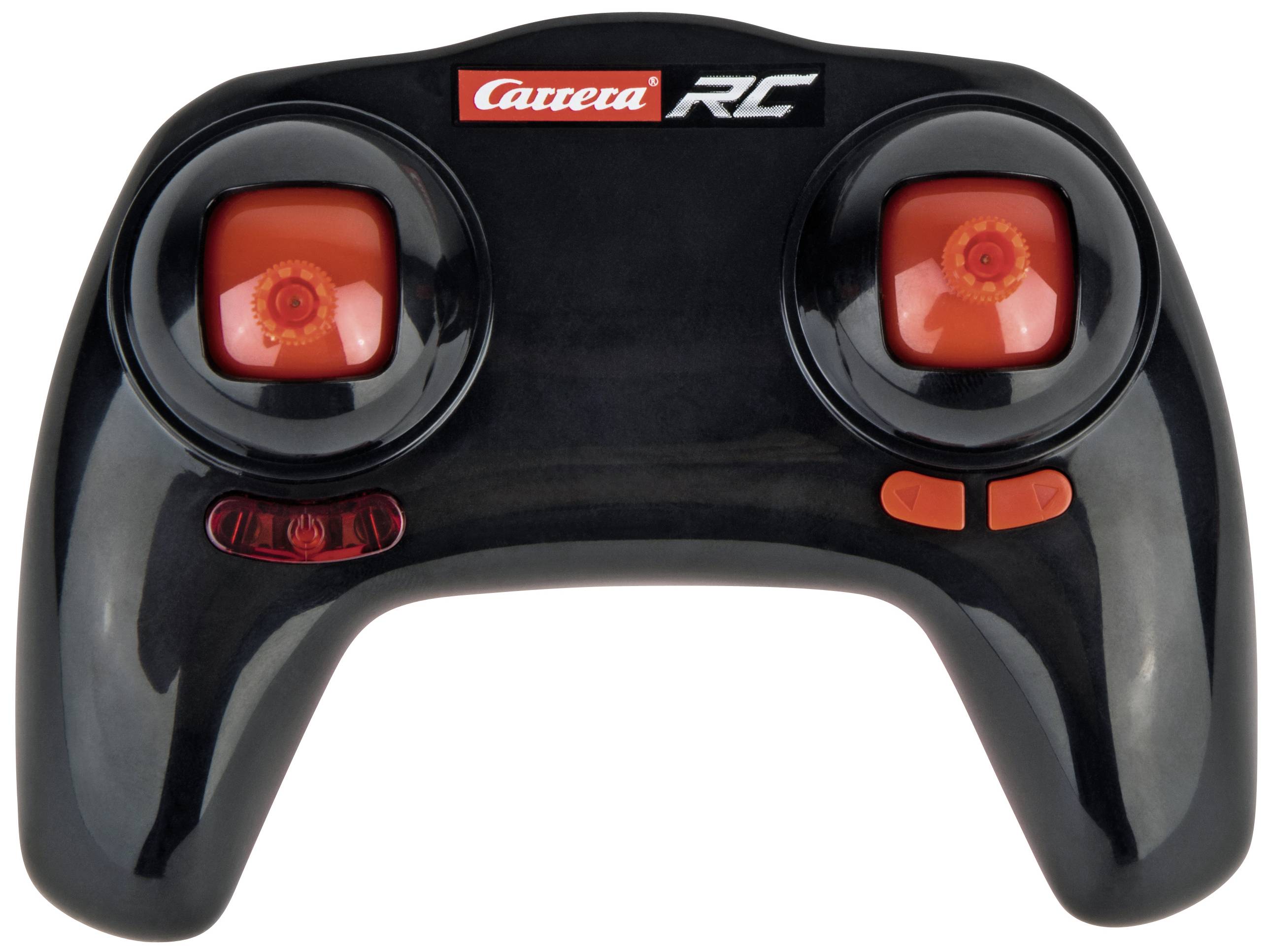 Czarny kontroler RC z dwoma joystickami i czerwonymi przyciskami, odpowiedni dla zdalnie sterowanych samochodów Carrera.