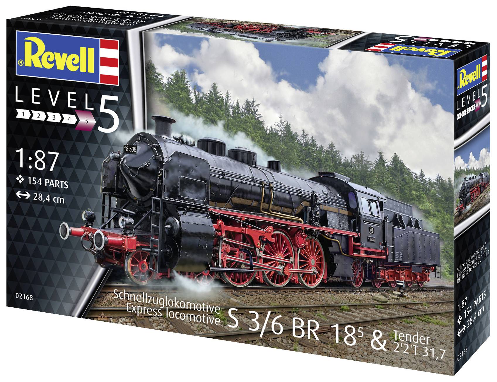Zestaw modelarski lokomotywy pociągu pospiesznego S 3/6 BR 18 w skali 1:87 firmy Revell, poziom trudności 5, 154 elementy.