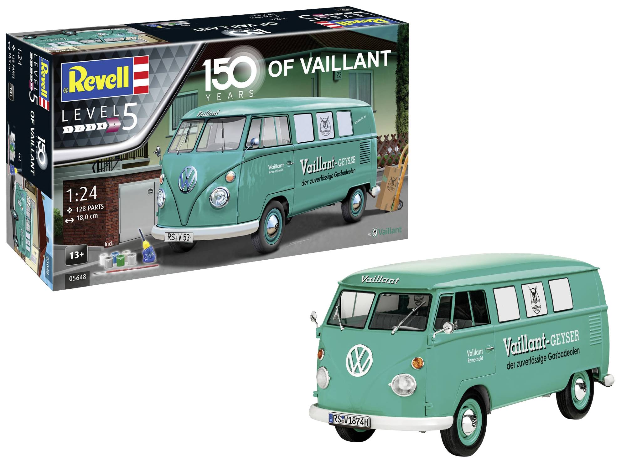 Zestaw modelarski zielonego VW Transportera z nadrukiem 'Vaillant'. Pudełko prezentuje szczegółowy model z napisem '150 lat Vaillant'.