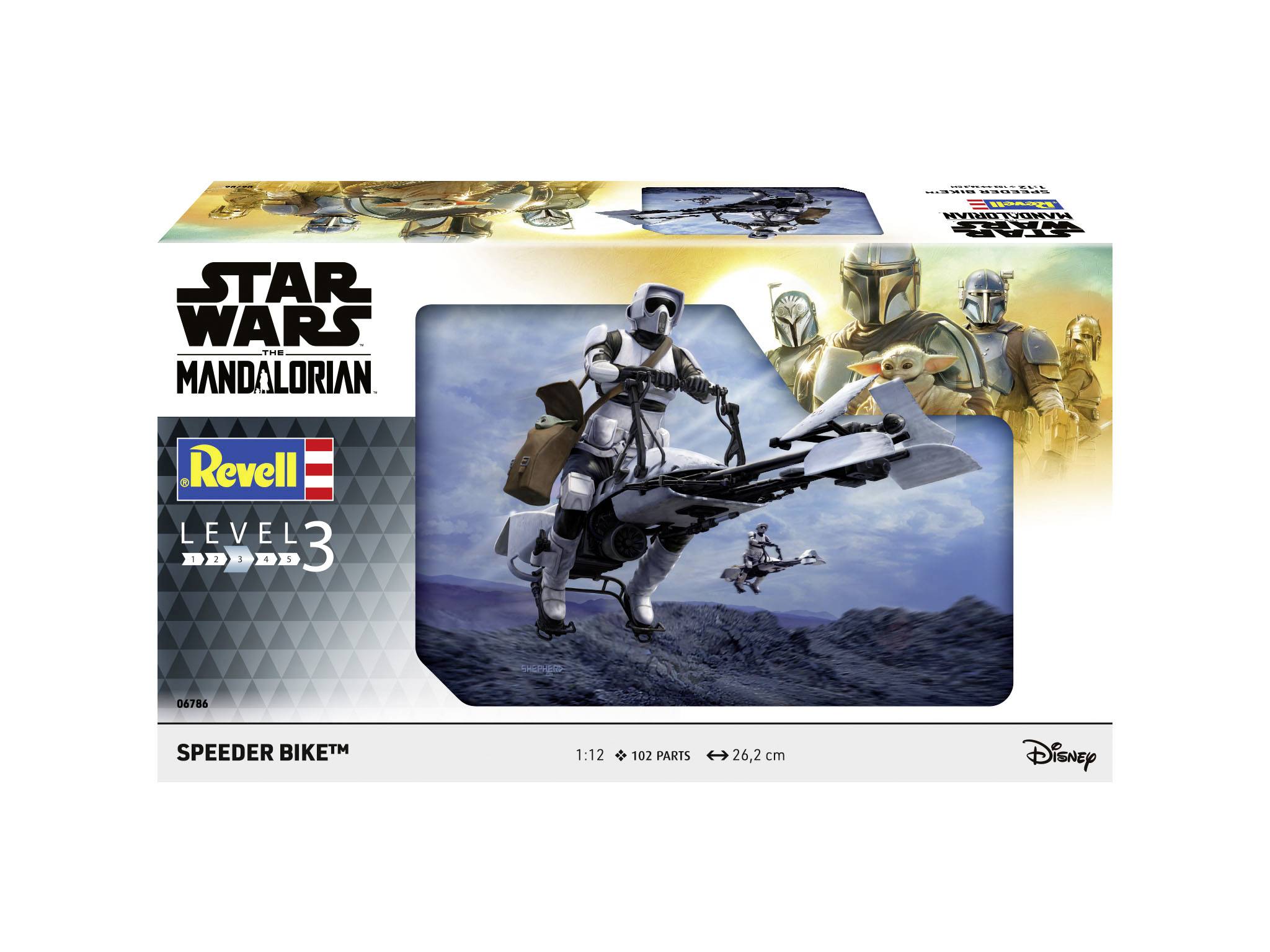 Zestaw modelarski 'Star Wars Mandalorian' firmy Revell, poziom 3, przedstawiający Speeder Bike na tle górskiego krajobrazu. Zawiera 902 elementy.