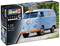 Zestaw modelarski VW T1 Panel Van "Gulf" firmy Revell, skala 1:24, poziom trudności 5, 123 elementy, z niebieskim lakierem i logo Gulf.