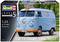 Jasnobłękitny VW T1 Panel Van z logo 'Gulf'. Zestaw modelarski firmy Revell w skali 1:24, 123 elementy, poziom trudności 5, długość 18 cm.