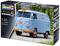 Zestaw modelarski niebieskiego busa VW T1 Panel Van z logo 'Gulf' na masce silnika. Opakowanie prezentuje gotowy model wraz ze szczegółowymi informacjami.