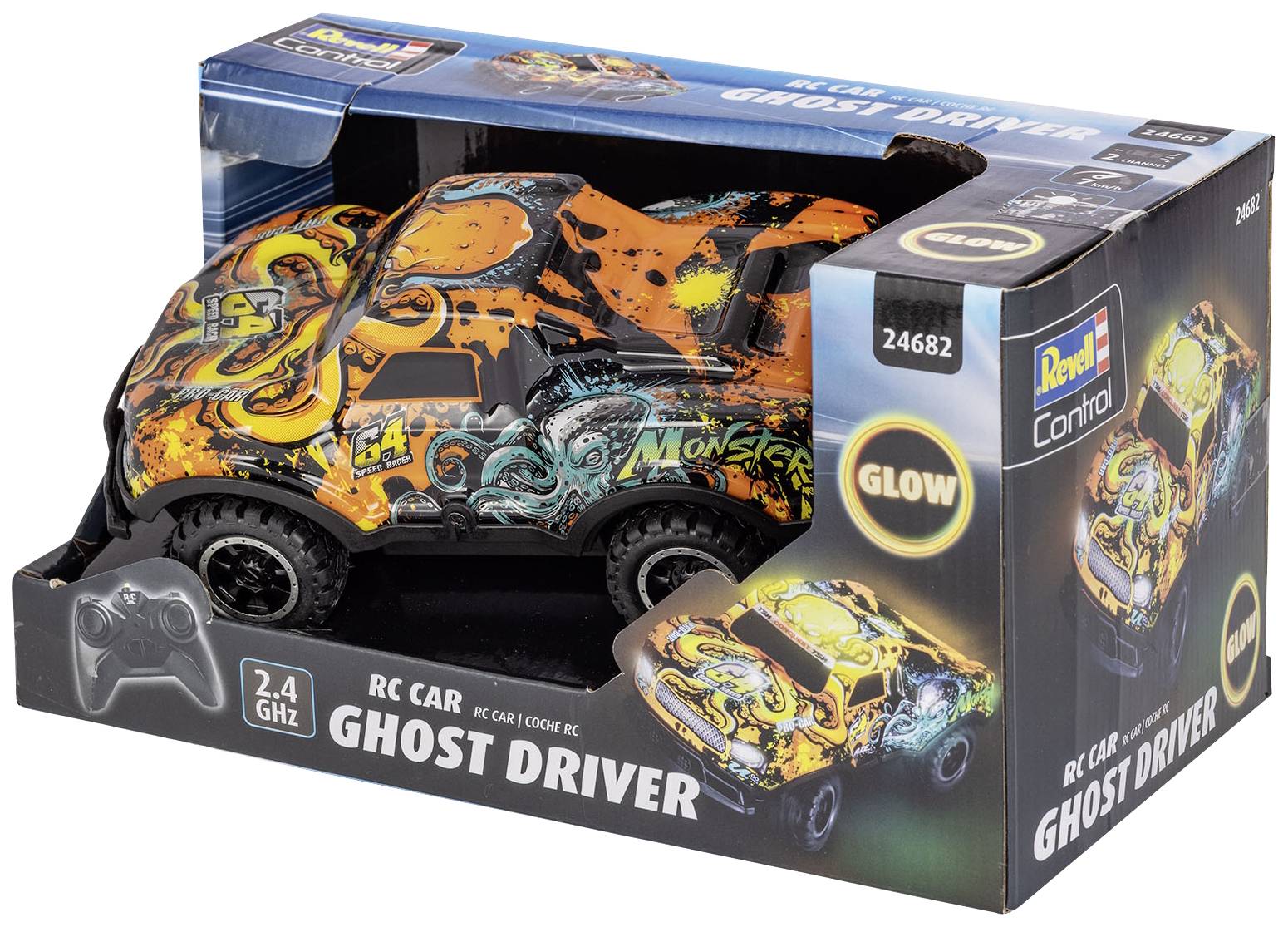 Opakowanie zabawkowego samochodu zdalnie sterowanego z kolorowym, wzorzystym samochodem RC. Na opakowaniu napis 'RC Car Ghost Driver, 2.4 GHz, Glow' oraz pilot zdalnego sterowania.