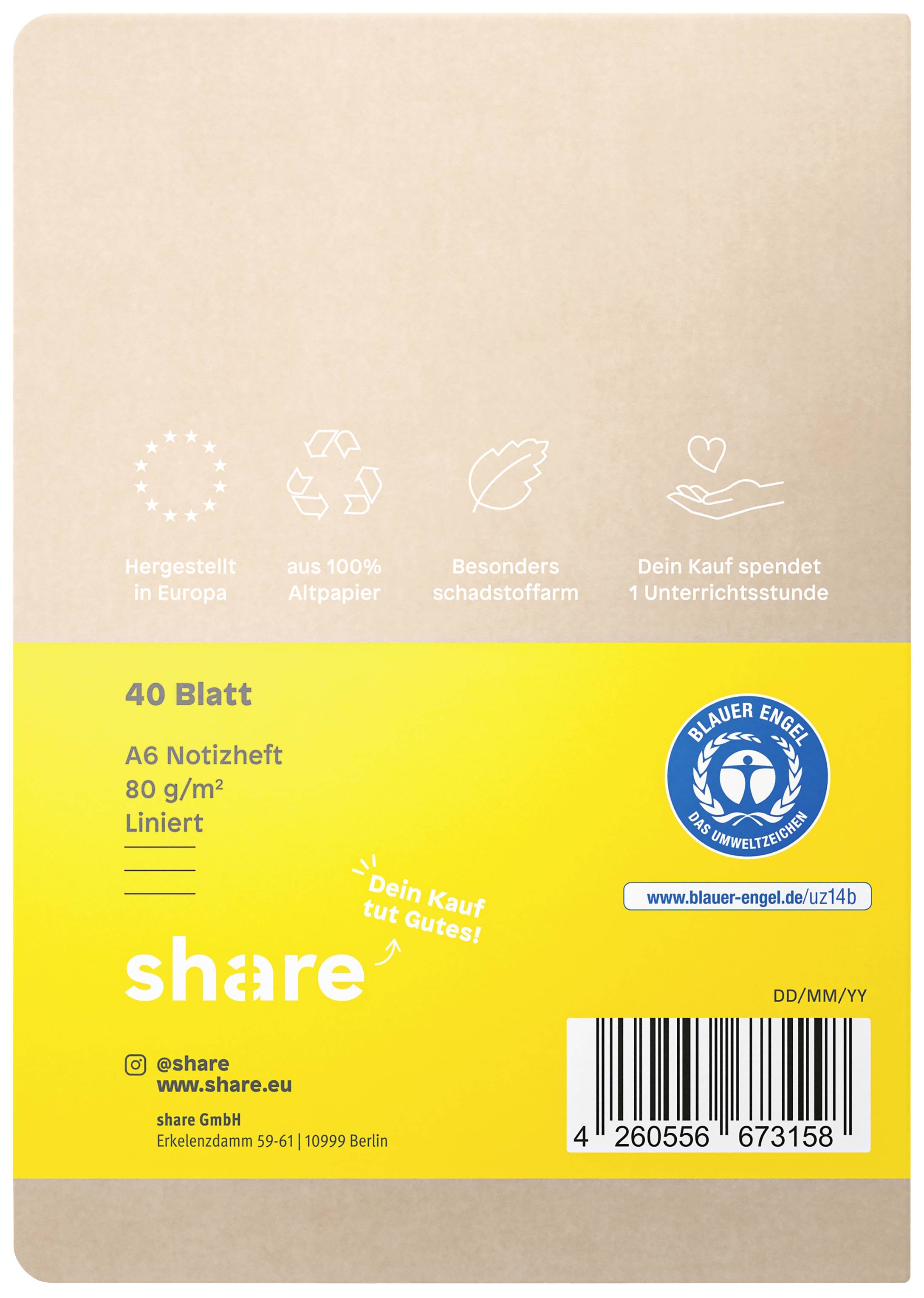 Zeszyt 'Share': 40 kartek, A6, 80 g/m², w linie. Wyprodukowany w Europie. Przyjazny środowisku i wspierający jedną godzinę lekcyjną.