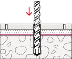 Wiertarka przebija płytę fundamentową w betonie, przedstawiona na schematycznym rysunku ze strzałką skierowaną w dół w kolorze czerwonym.