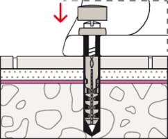 Przekrój kołka w ścianie z wiertłem u góry. Czerwona strzałka skierowana w dół wskazuje na proces wiercenia.