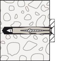 Kołek rozporowy w mocowaniu ściennym. Kołek z tworzywa sztucznego jest częściowo osadzony w ścianie, śruba skierowana na lewo na zewnątrz.