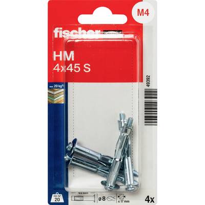 Opakowanie kotwi metalowych Fischer HM 4x45 S M4, 4 sztuki, zaprezentowane w przezroczystym opakowaniu blistrowym.