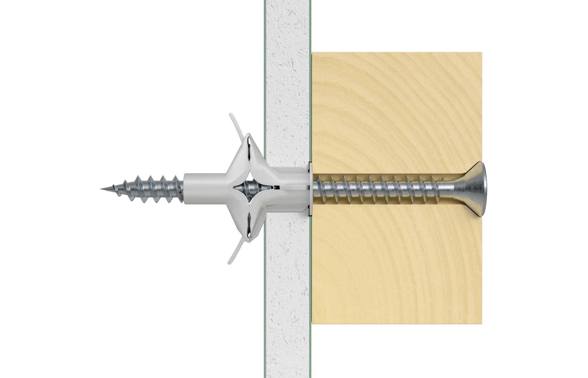 Wkręt z rozporą mocuje kawałek drewna do ściany betonowej. Rozpora jest rozłożona, aby zapewnić pewne i stabilne zamocowanie.