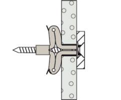Diagram rozłącznej kotwy rozporowej w ścianie. Śruba zabezpiecza kołki, które rozprężają się za ścianą, zapewniając stabilne mocowanie.
